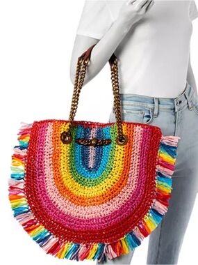 KURT GEIGER LONDON 🌈 Chelsea Rainbow Stripe Raffia Tote. NWOT